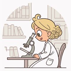 young girl in a lab coat examines a specimen under a microscope