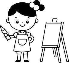 young girl painting on an easel with a art brush black outline