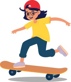 young girl with glasses and a red cap is skateboarding