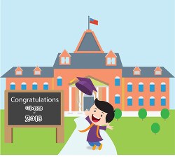 young graduate in front of school throwing cap in air clipart
