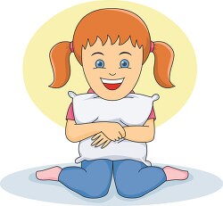 young happy girl holding a pillow in her arms clipart