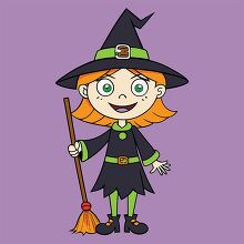 young witch character with a broomstick dressed in a black outfi