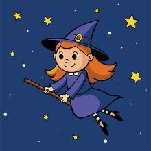 young witch in a purple dress flies through a starry night sky