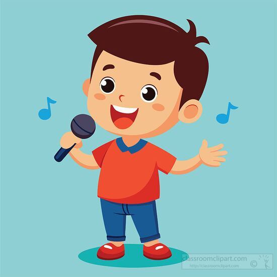 smiling boy in red and blue holding a microphone singing cheerfully clipart