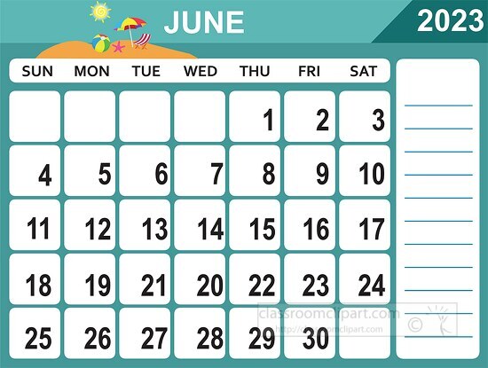  june 2023 calendar with days of the week printable clipart