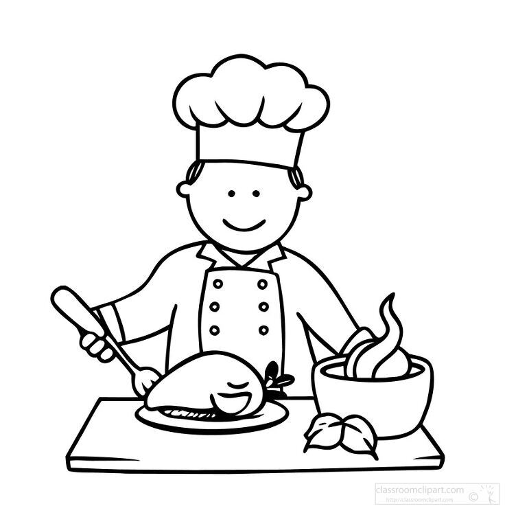  line drawing of a chef preparing a Thanksgiving dinner