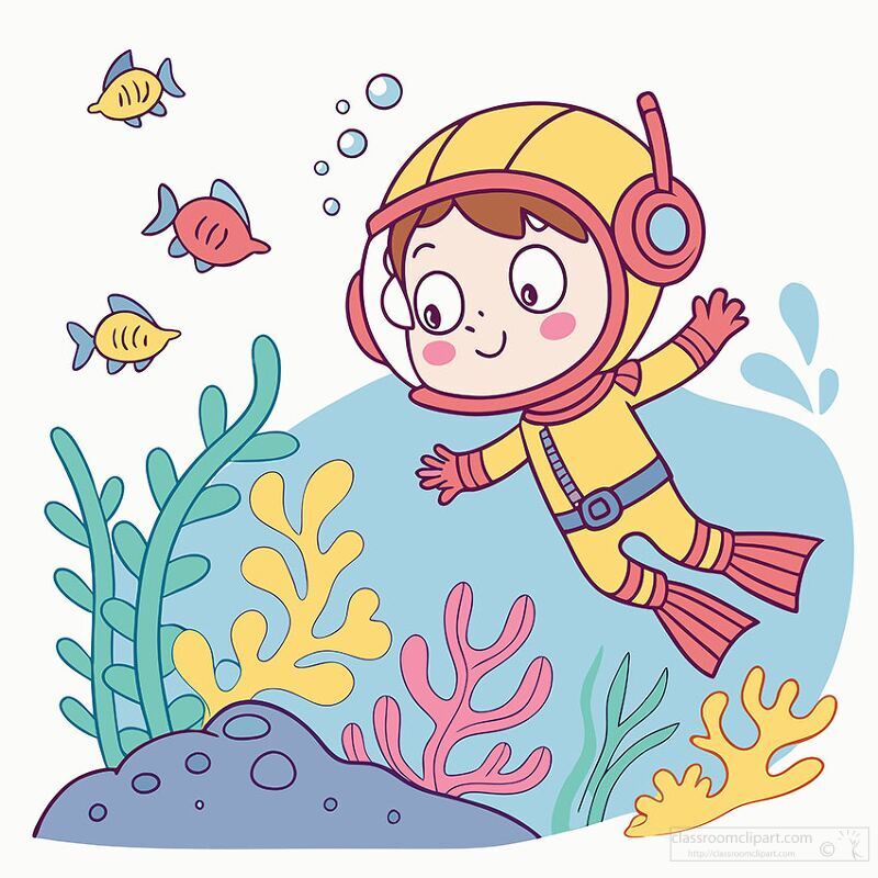  Little Diver Exploring Coral Reefs Clipart