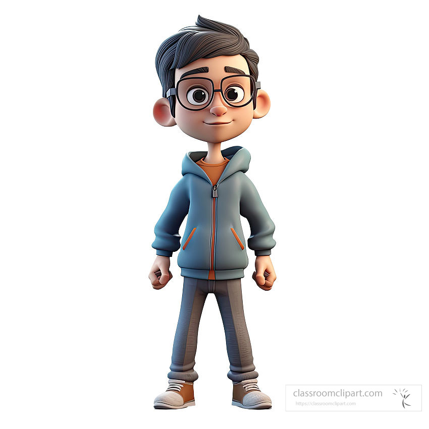 3D Clipart-3d boy character wearing glasses and hoodie