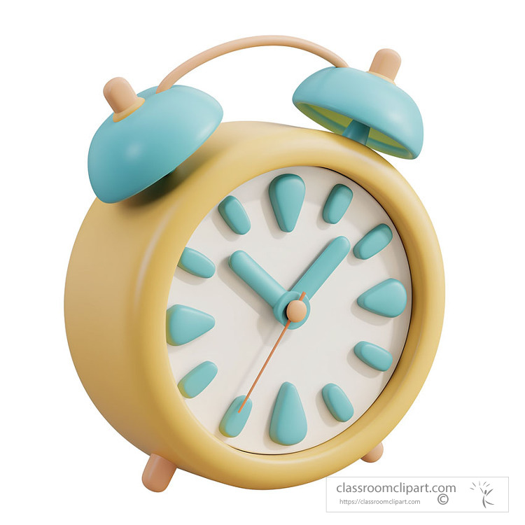 3D clay icon of an alarm clock with pastel blue bells