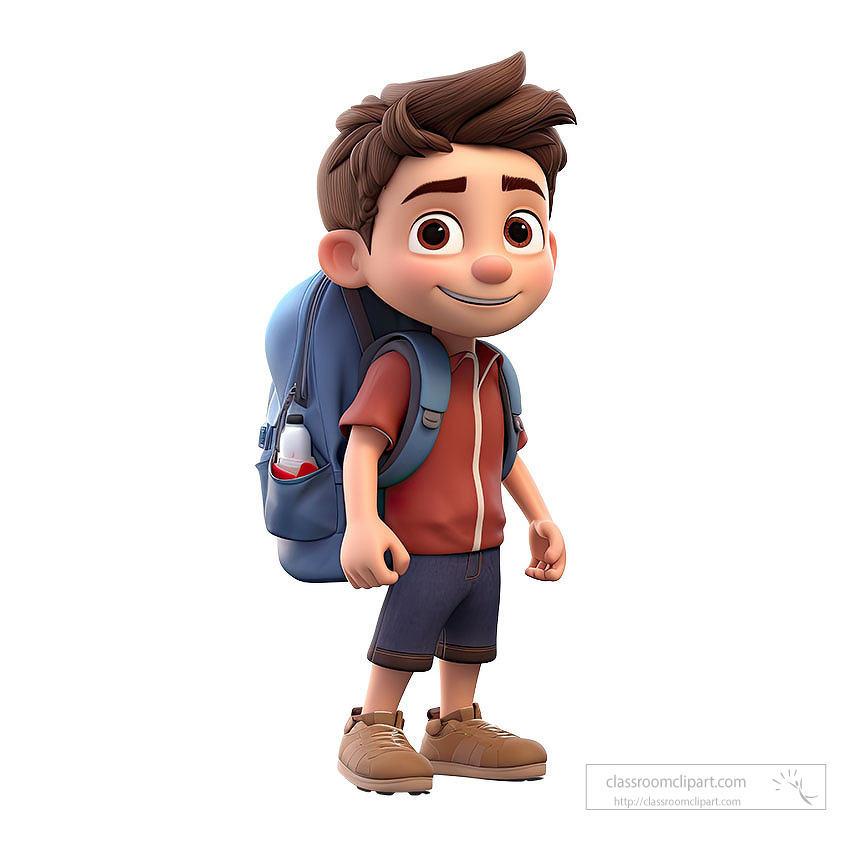 3D cute cartoon boy standing wearing a backpack