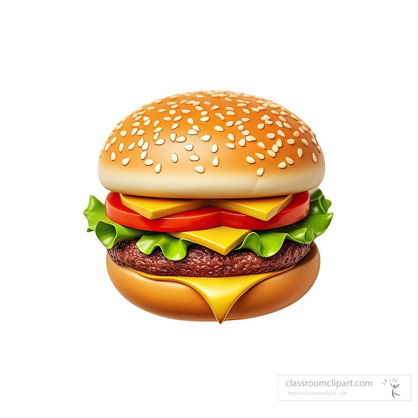 3D hamburger with cheese slices on sesame bun