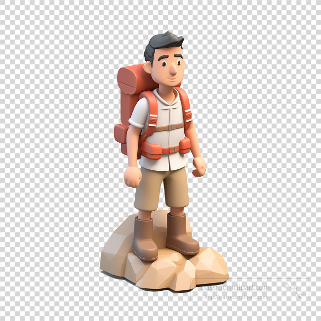 3D of a hiker with large backpack stands on a rock transparent png