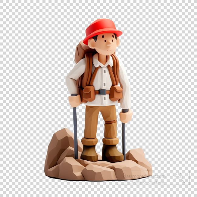 3D render of a hiker in beige outfit with a red backpack on a rock transparent png