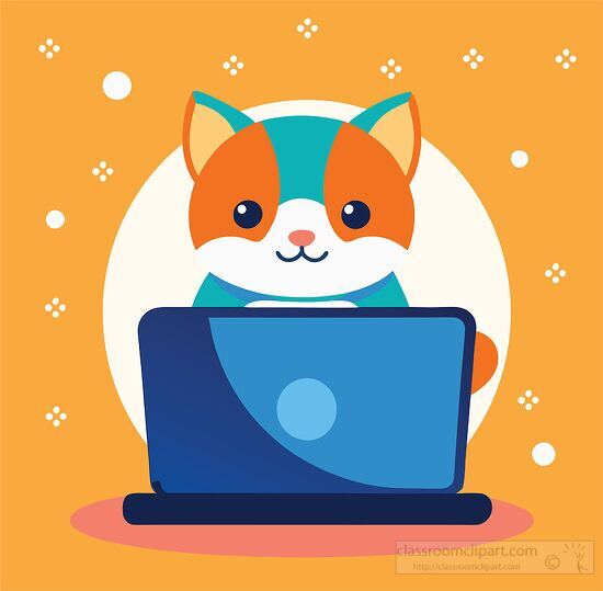 adorable cat with big eyes using a laptop