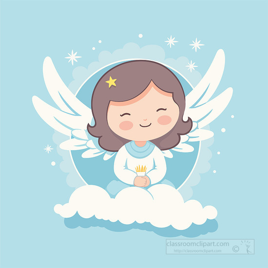 adorable cute angel with wings sits on a puffy cloud clip art