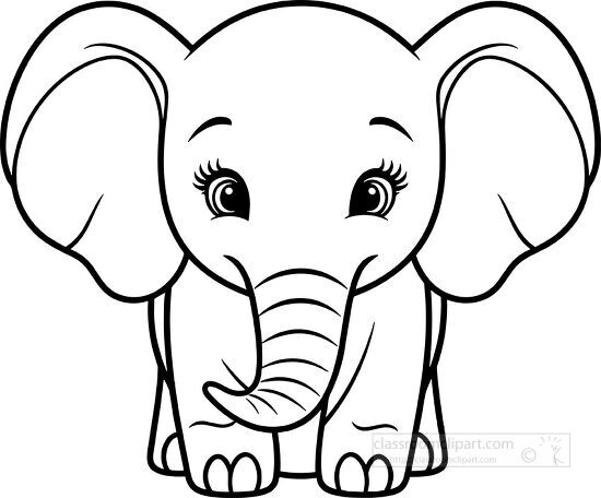 adorable elephant with cute eyes black outline