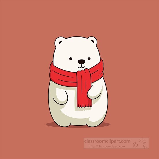 Adorable polar bear wears a cozy red scarf smiles gently