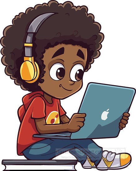 african american boy wearing head phones playing games on comput
