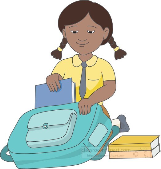 School Clipart-african american girl packing her school bag 3