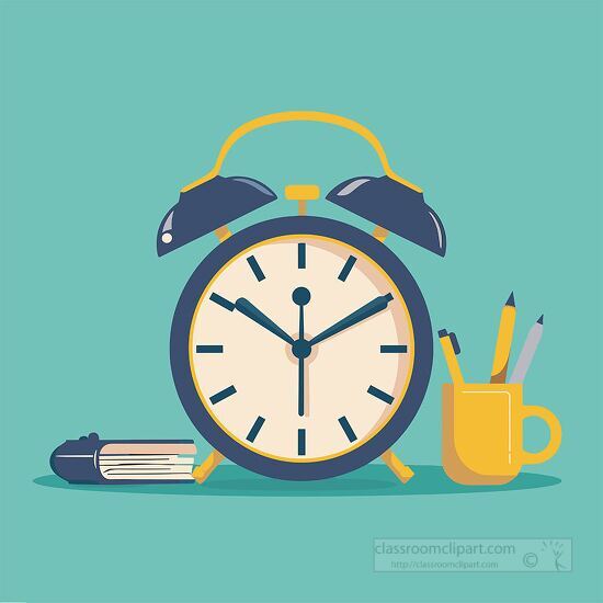 alarm clock with books and a cup of pencils on a teal background