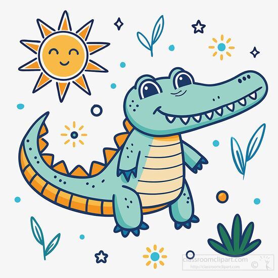 alligator with an orange belly and a happy expression under a bright sun and surrounded by greenery clipart