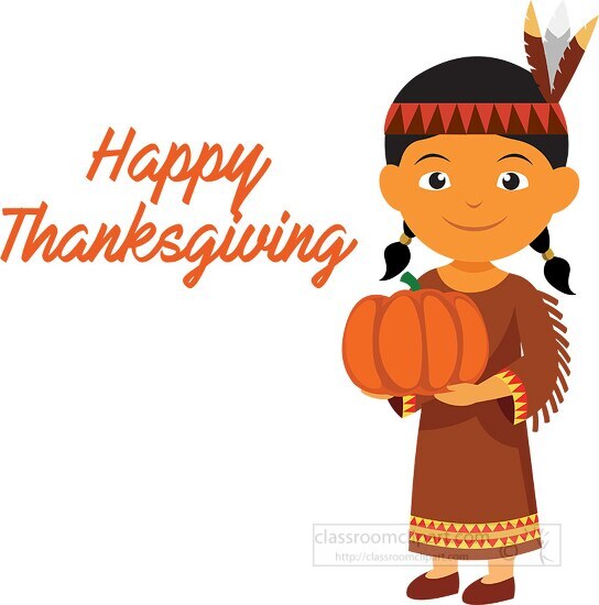 american indian girl with pumpkin happy thanksgiving clipart