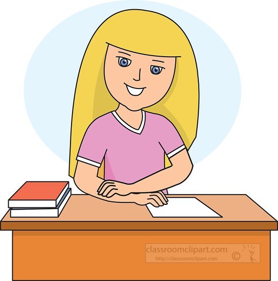 american student sits at her desk clip art