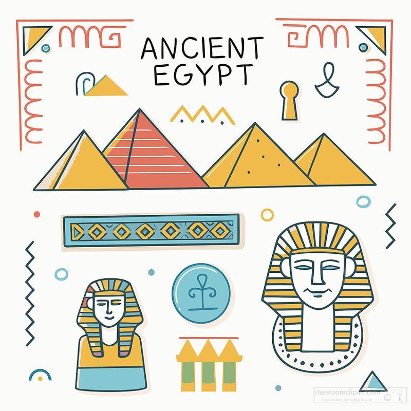 Illustration of Ancient Egyptian elements, including pyramids, pharaoh statues, hieroglyphic symbols, and cultural motifs