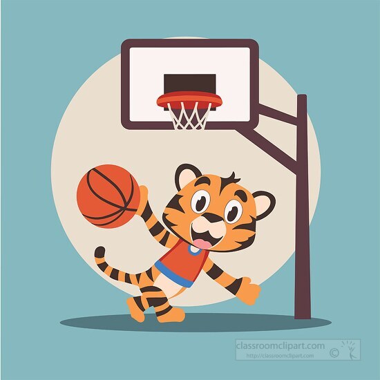 animated tiger in athletic wear runs towards a basketball hoop