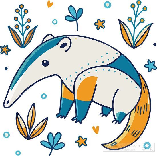 cute anteater with a long nose and orange and blue highlights clipart