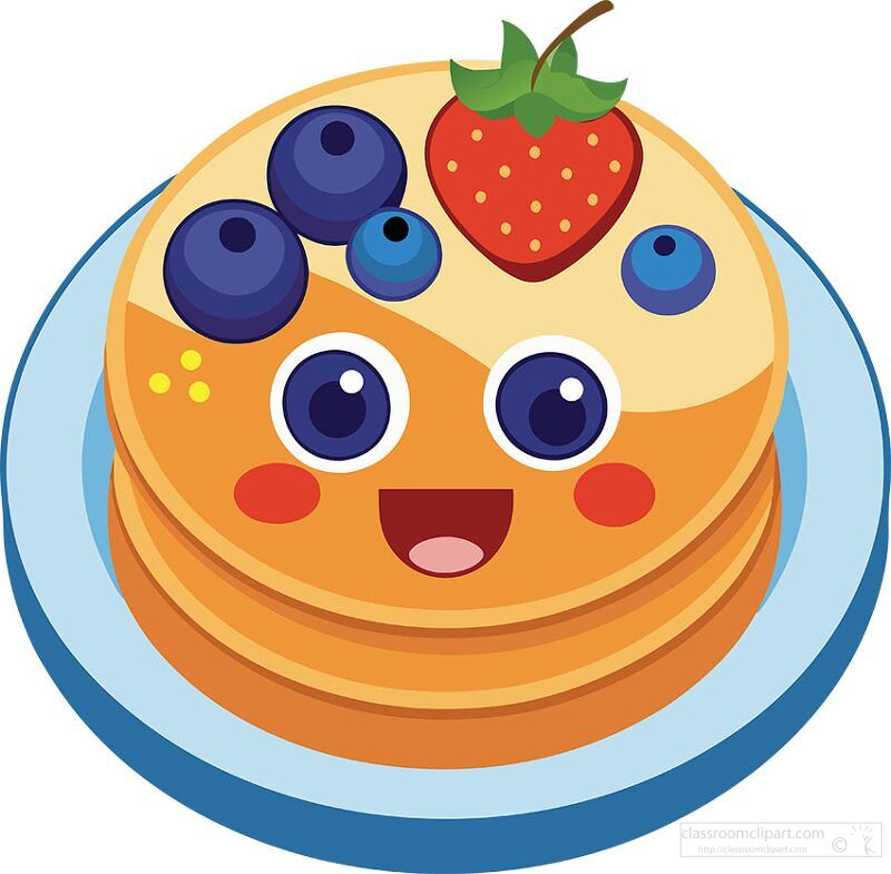 Cute pancake character with blueberries and a strawberry forming a smiling face