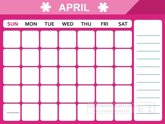 april calendar with days of the week printable