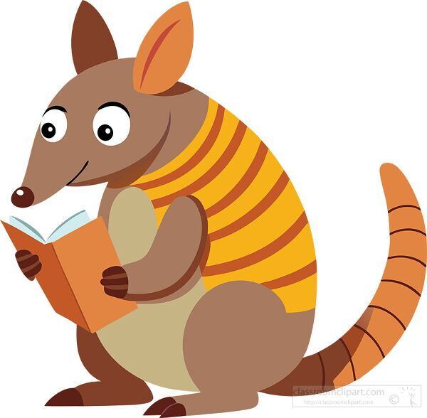 armadillo with striped armor holds an open book