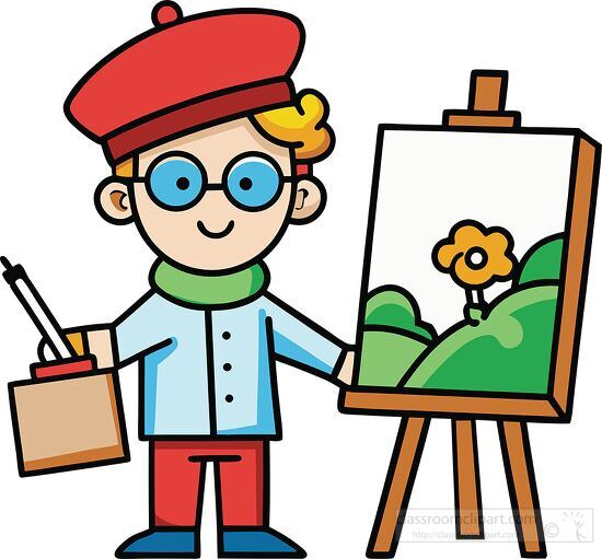 artist with glasses and a red beret stands beside an easel