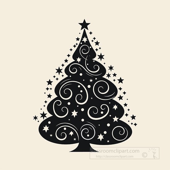 Artistic black Christmas tree design with starry motifs on a lig