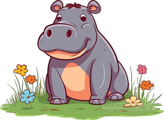 artoon hippo sits in a field of flowers clip art