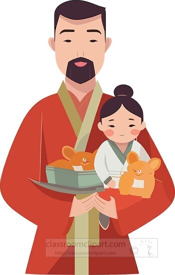 asian father wearing cultural clothing holds his young daughter 