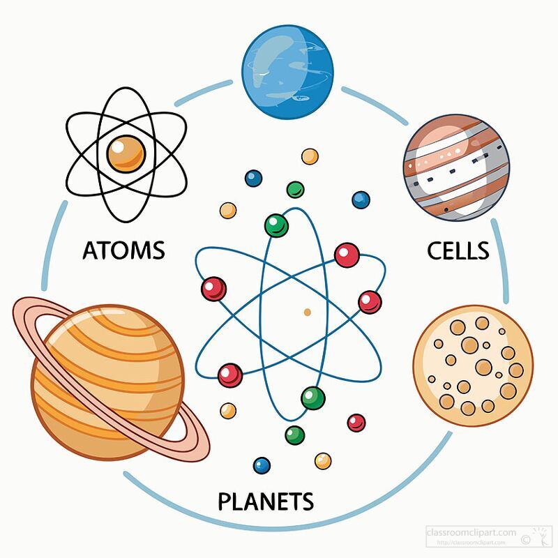 Illustration of scientific concepts, including atoms, planets, cells, and molecular structure