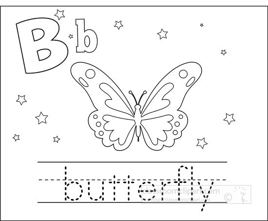 b for butterfly with alphabet letter for childrens writing pract