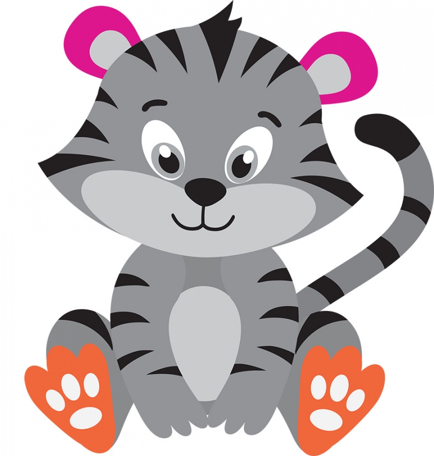 baby tiger sitting with long tail orange paws gray color clipart