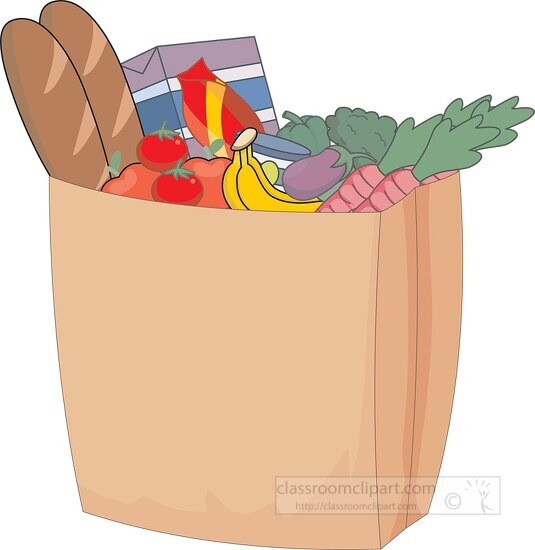 bag of groceries in a paper bag with bread, vegetables and other