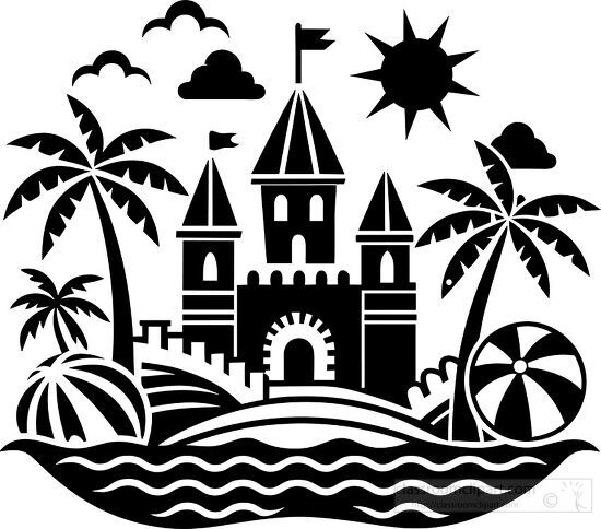 beach scene with a sandcastle and palm trees