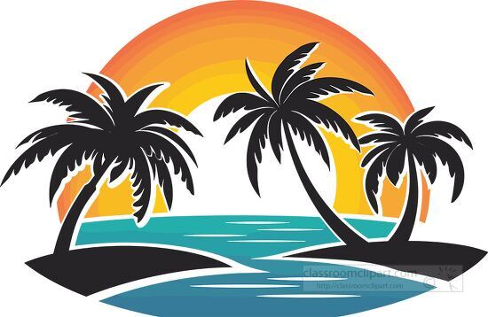 beach sunset with palm trees and a colorful sky clipart