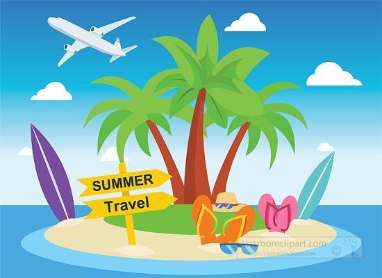 Summer Clipart-beautiful beach surfboard sandals summer travel clipart