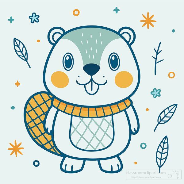 beaver character with a patterned tail has a happy face and sits