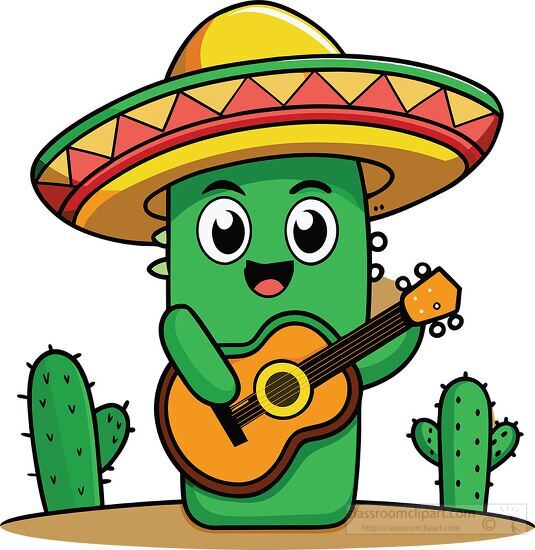 big eyed carton Cactus with Guitar and Sombrero clipart