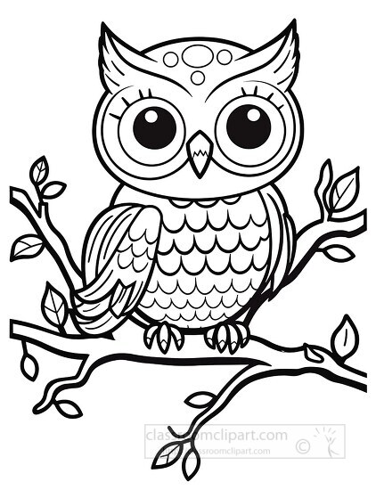 black and white cartoon of a cute owl sitting on a branch