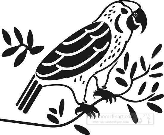 Black and white folk art illustration of a parrot among leaves