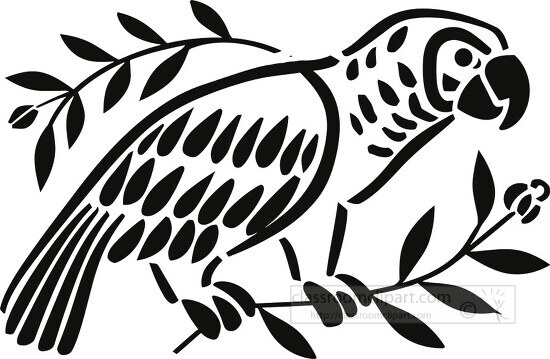 Black and white folk art illustration of a parrot resting on tre