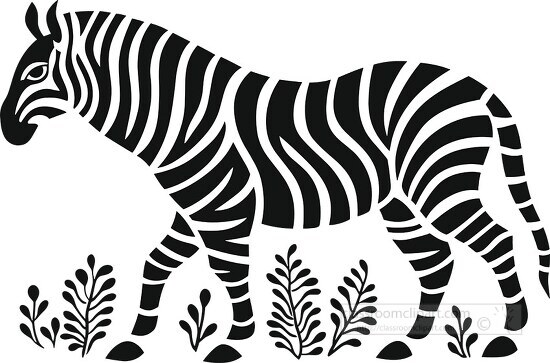 Black and white folk art illustration of a zebra in africa
